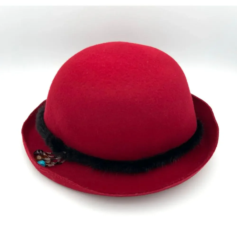Vintage Liz Claiborne Red Wool Cloche Hat with Mink Fur Trim and Beaded Accent
